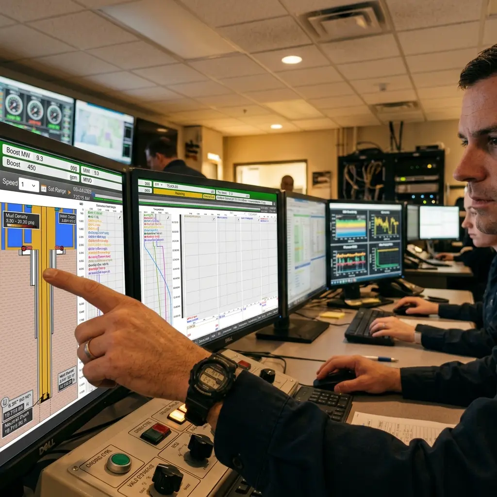 Engineers monitoring wellbore pressure data
